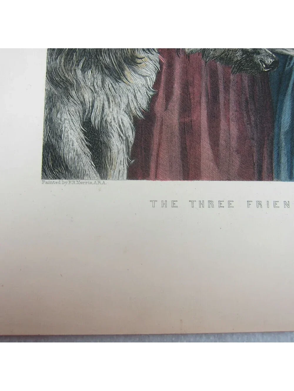 Antique 1800s Victorian Engraving Print Little Girls & Dog Three Friends Colored